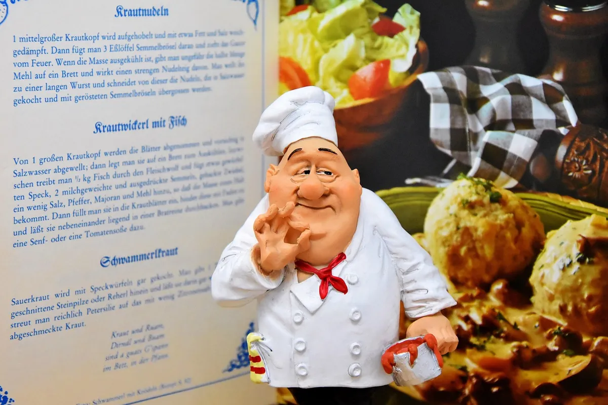cook, kitchen, preparation, chef hat, cookbook, recipe, cooking recipe, meal, figure, cooking figure, puppet, cute, fun, food, spices, ingredient, edible, deco,