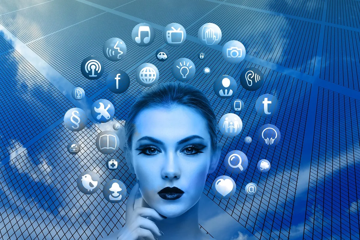 woman, nature, face, social media, thoughts, head, applications, apps, social media applications, icons, circle, tree, networks, internet, social, social networ