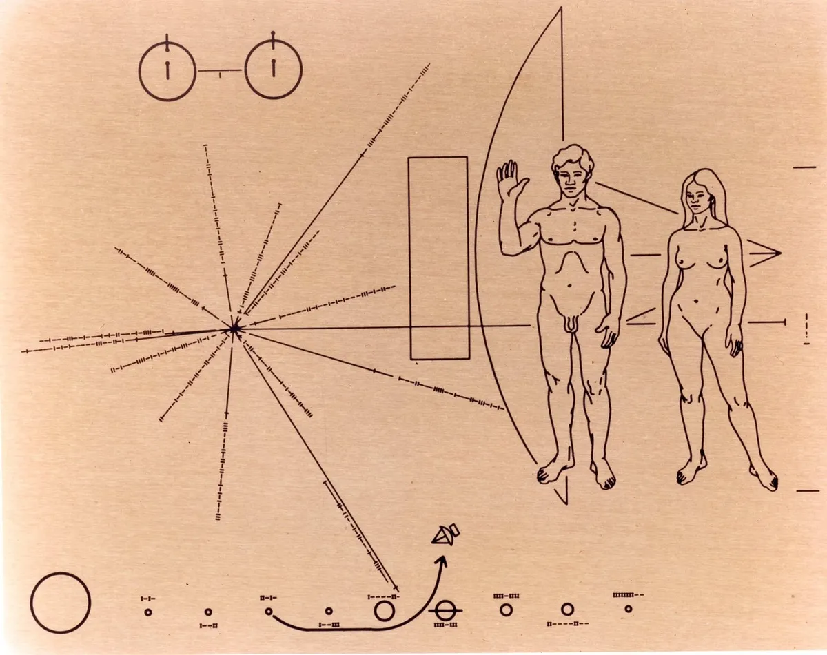 pioneer badge, pioneer 10, space probe, nasa, golden plate, golden, interstellar spacecraft, pioneer 11, space, universe, night sky, heaven, astronautics, space