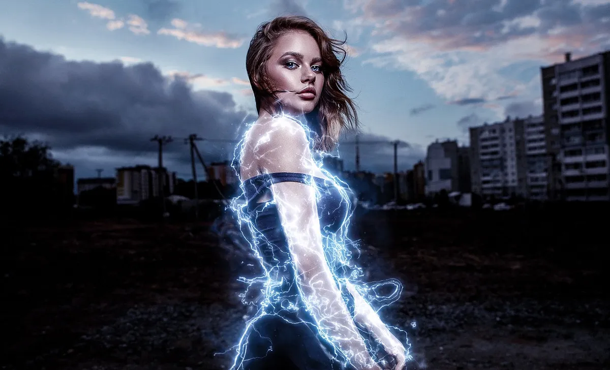 superhero, woman, energy, electric, girl, beautifull, power, super, female, hero, costume, heroine, cute, superman, comics, strong, strength, photoshop, blue en